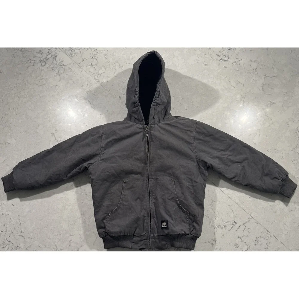 Berne Fleece Lined Canvas Jacket Youth Medium 10-12 Gray Hooded Full Zip Outdoor